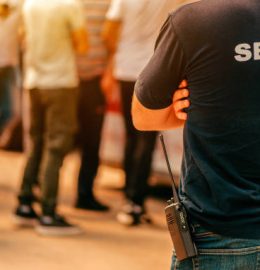 Security guard at live festivale event standing in front of the crowd